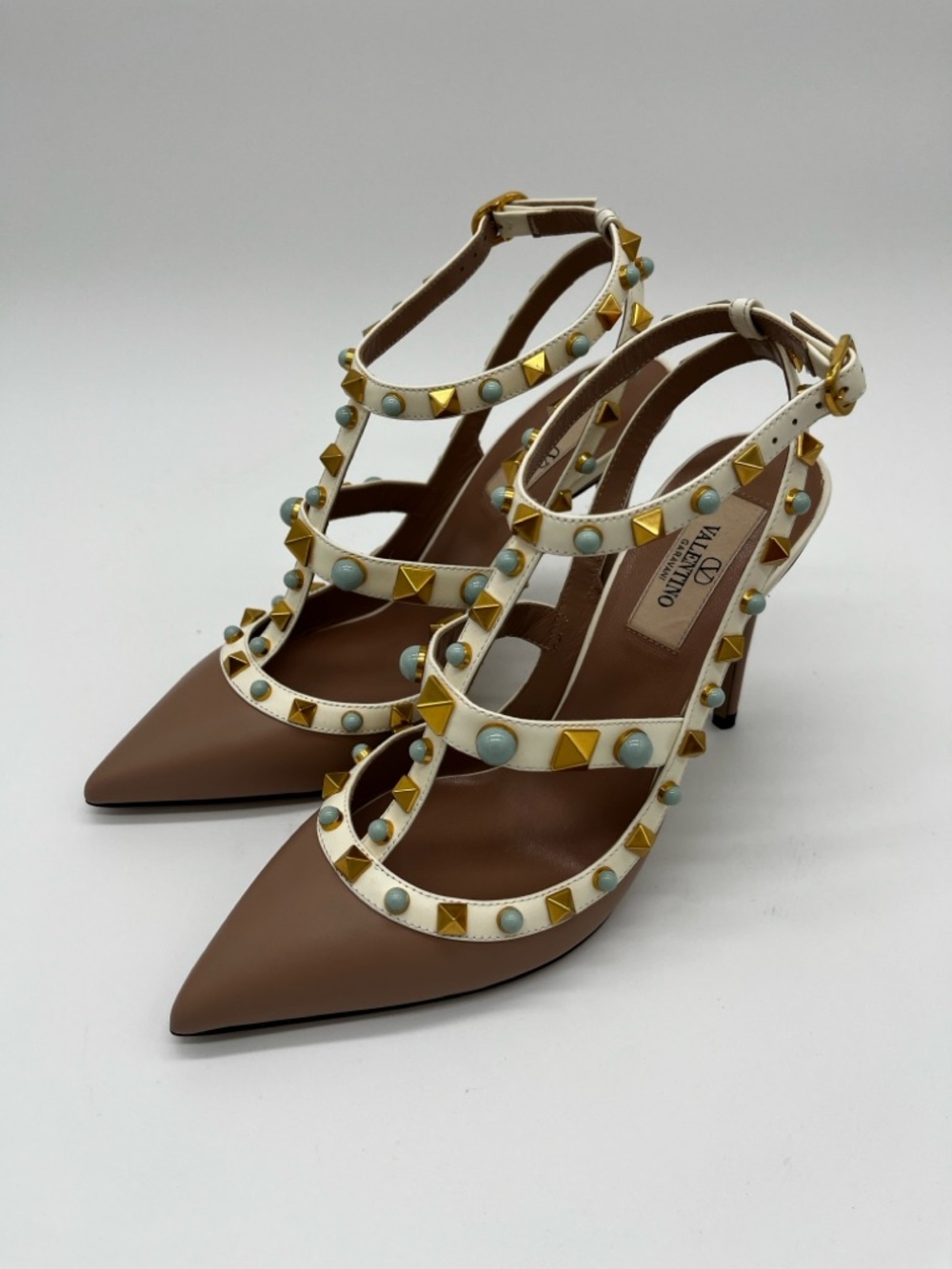 Valentino Garavani Rockstud Embellished Pumps Nude White Turquise - 37.5 US 7.5 - Picture 5 of 14